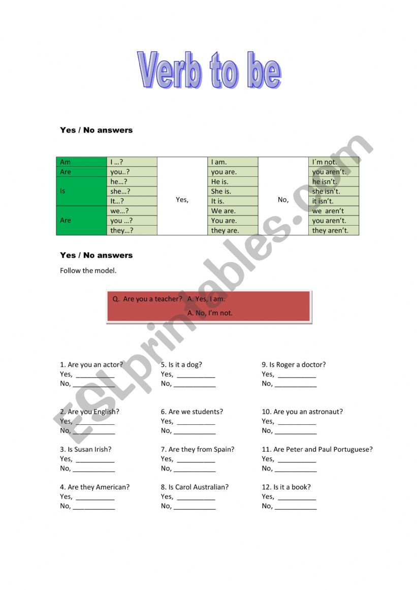 Yes, No qs worksheet