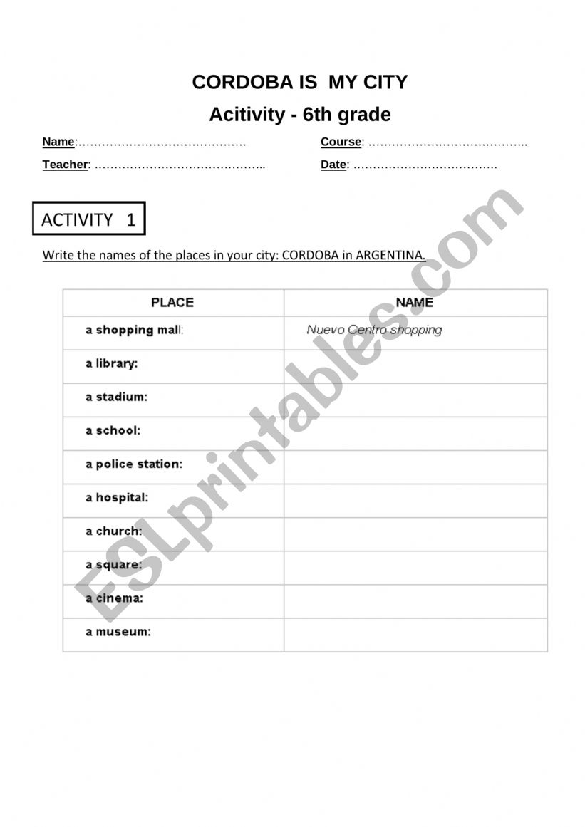 Description of your city worksheet