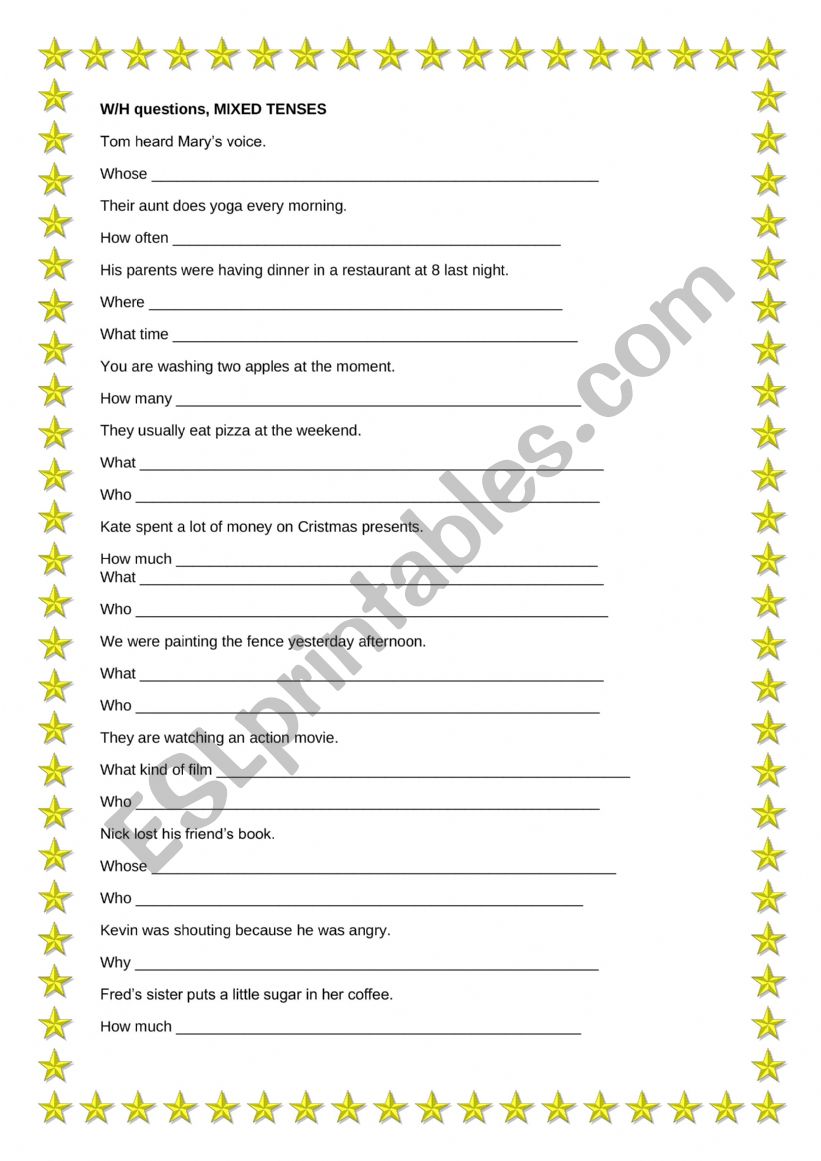Wh-questions, Mixed tenses worksheet