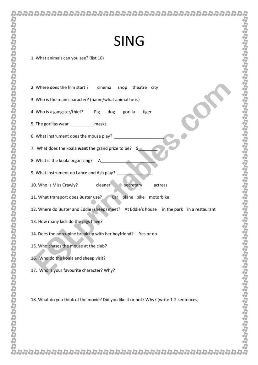 SING movie worksheet worksheet