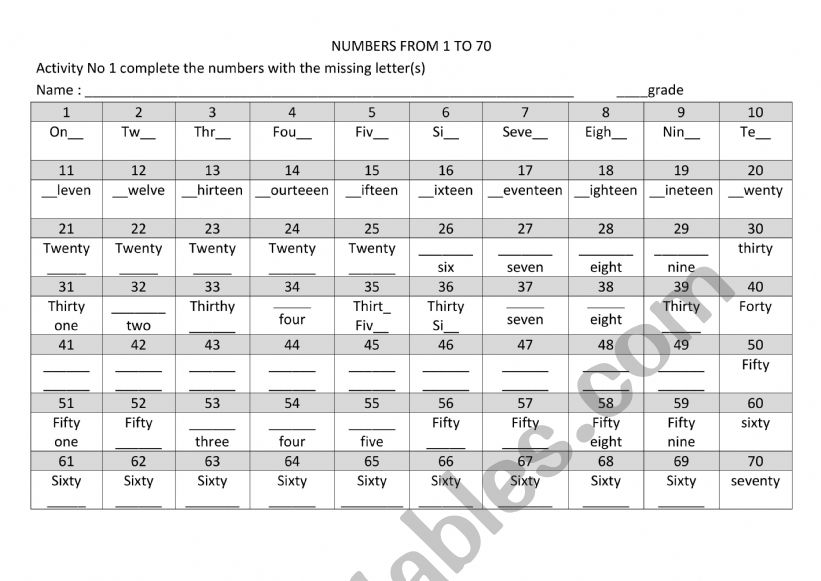 numbers  worksheet