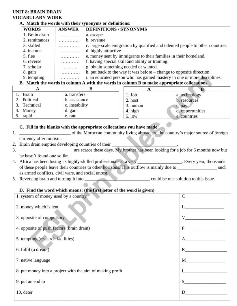 Brain Drain worksheet