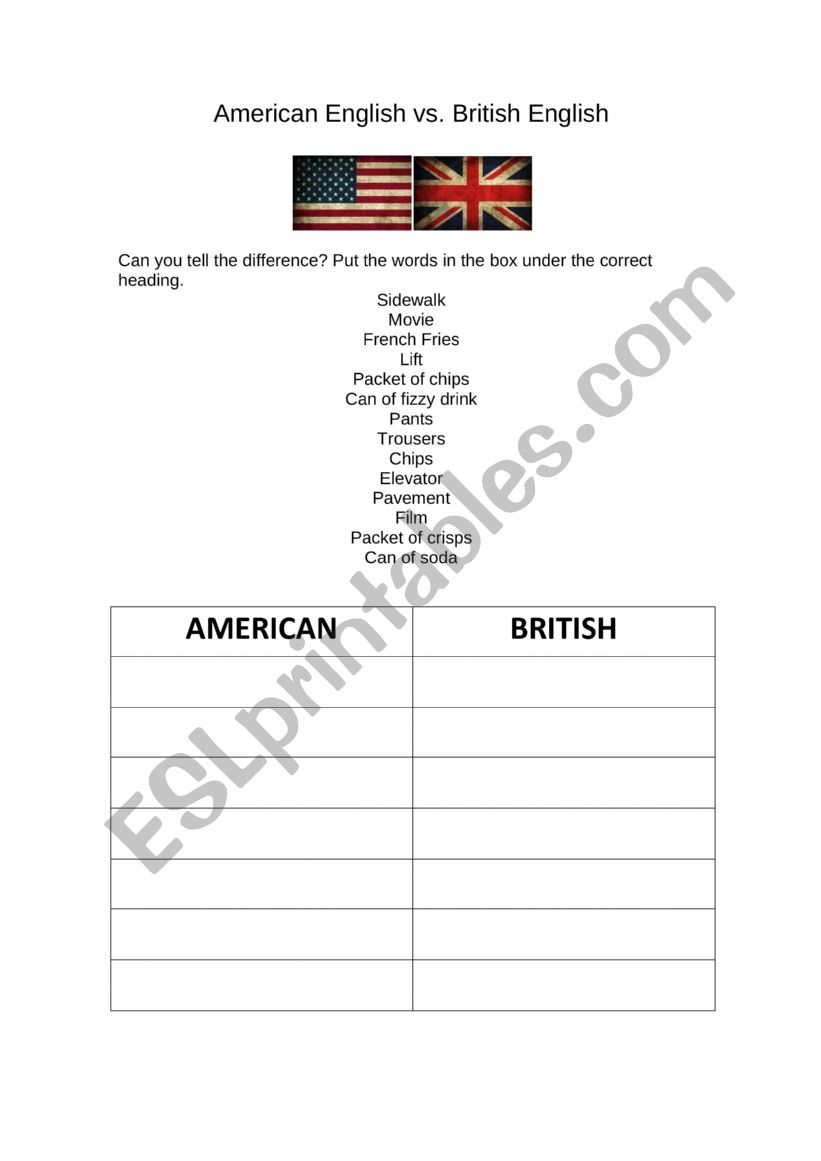 British and american worksheet