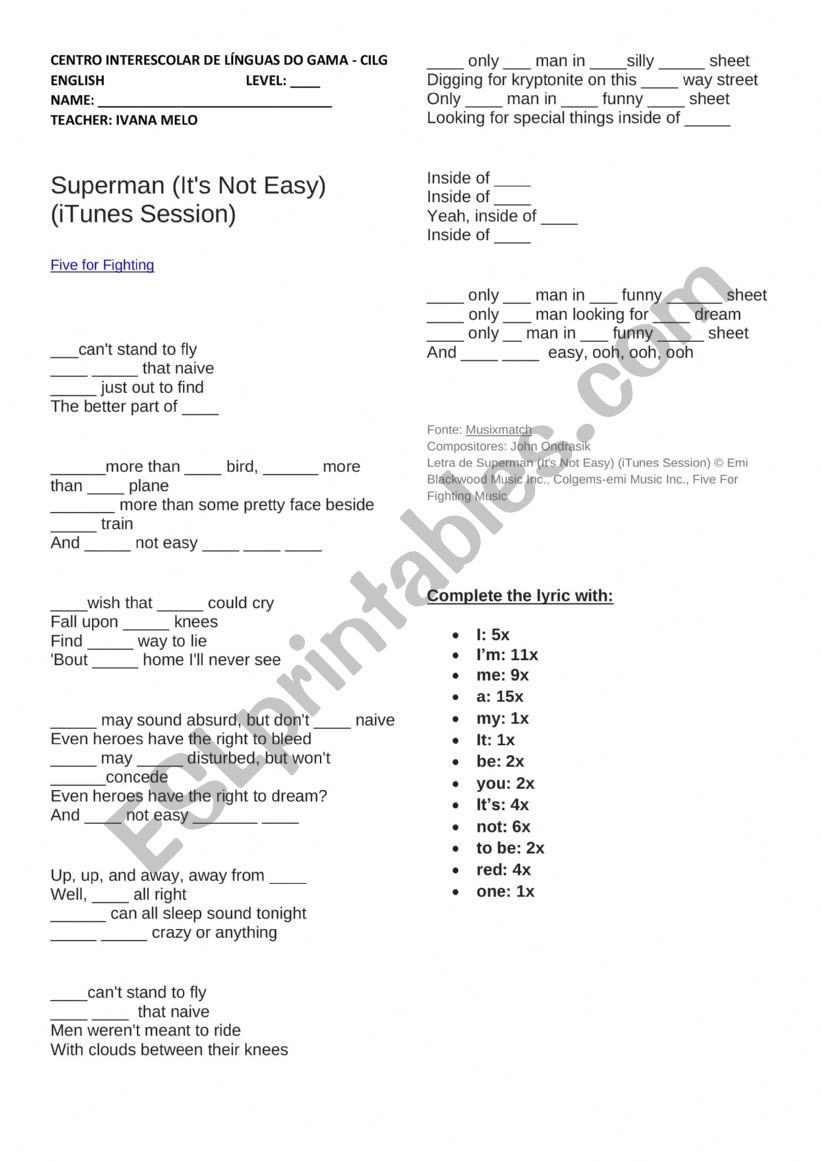 Superman Song Activity worksheet