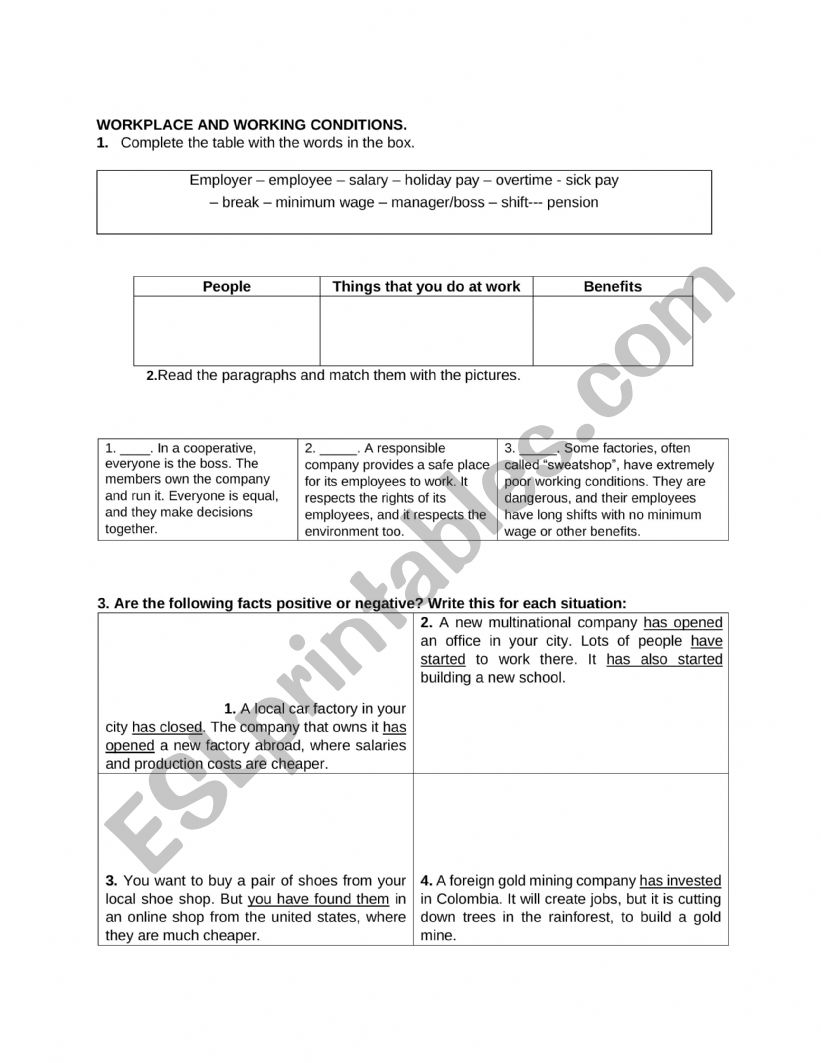 Workplace and Conditions worksheet