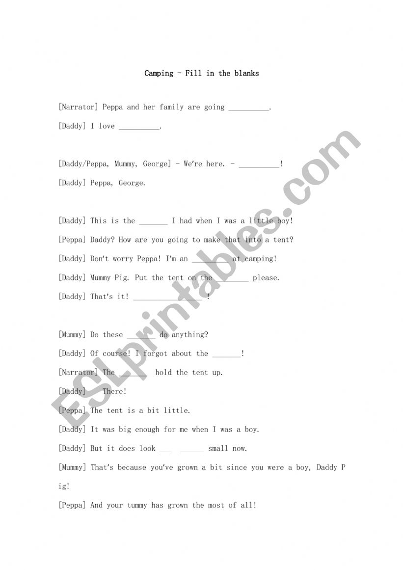 peppa pig camping fill in the blanks