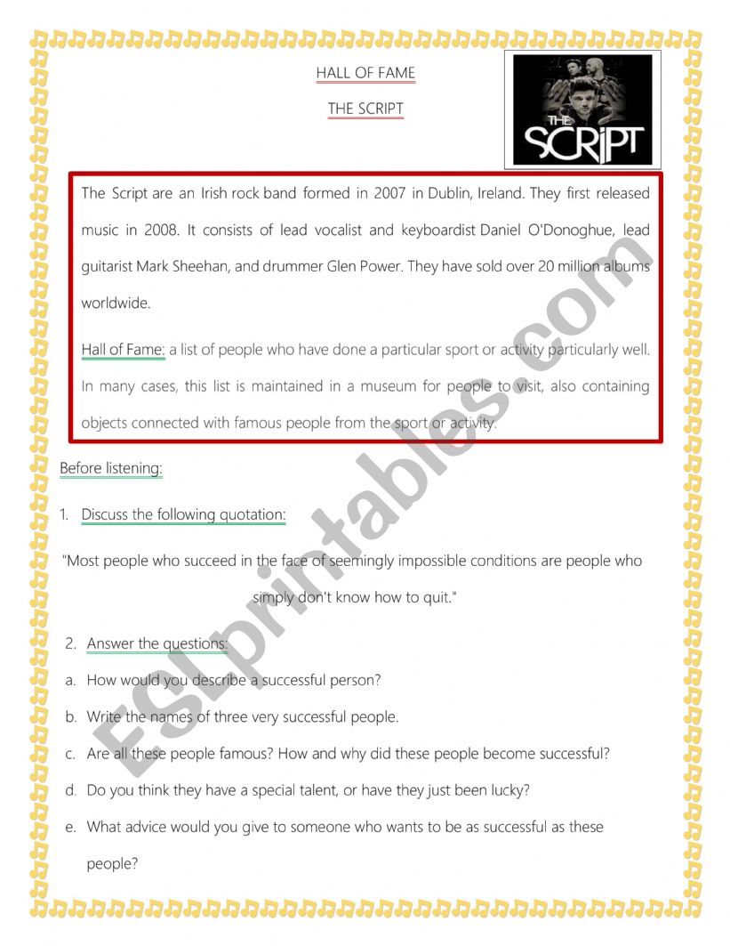 The script-hall of fame worksheet