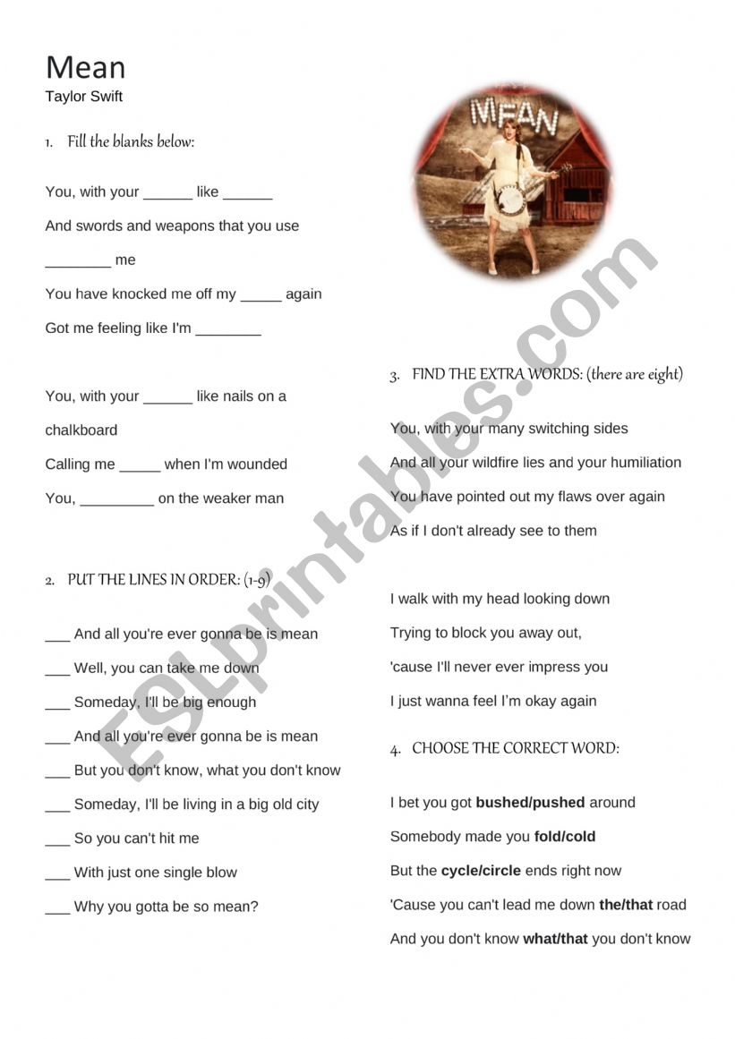 Mean by Taylor Swift song worksheet