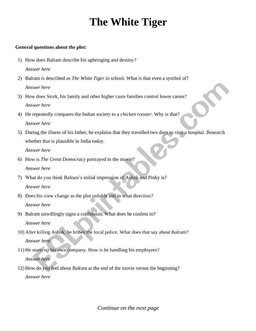 The White Tiger - movie worksheet