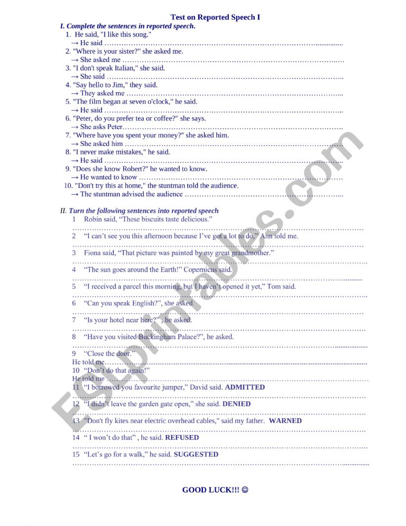 Reported speech worksheet