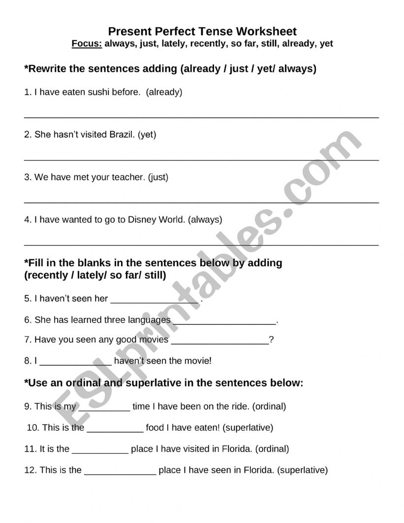 Present Perfect Worksheet worksheet