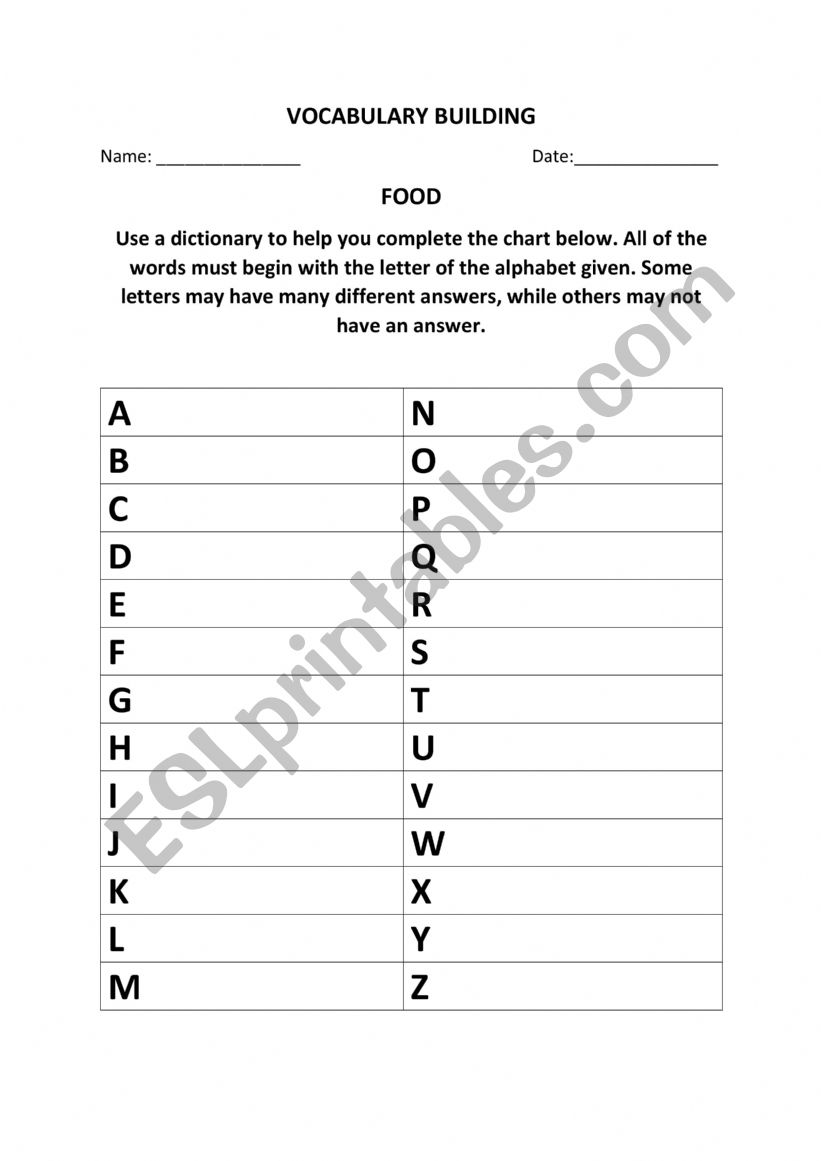 Vocabulary Building - Food worksheet
