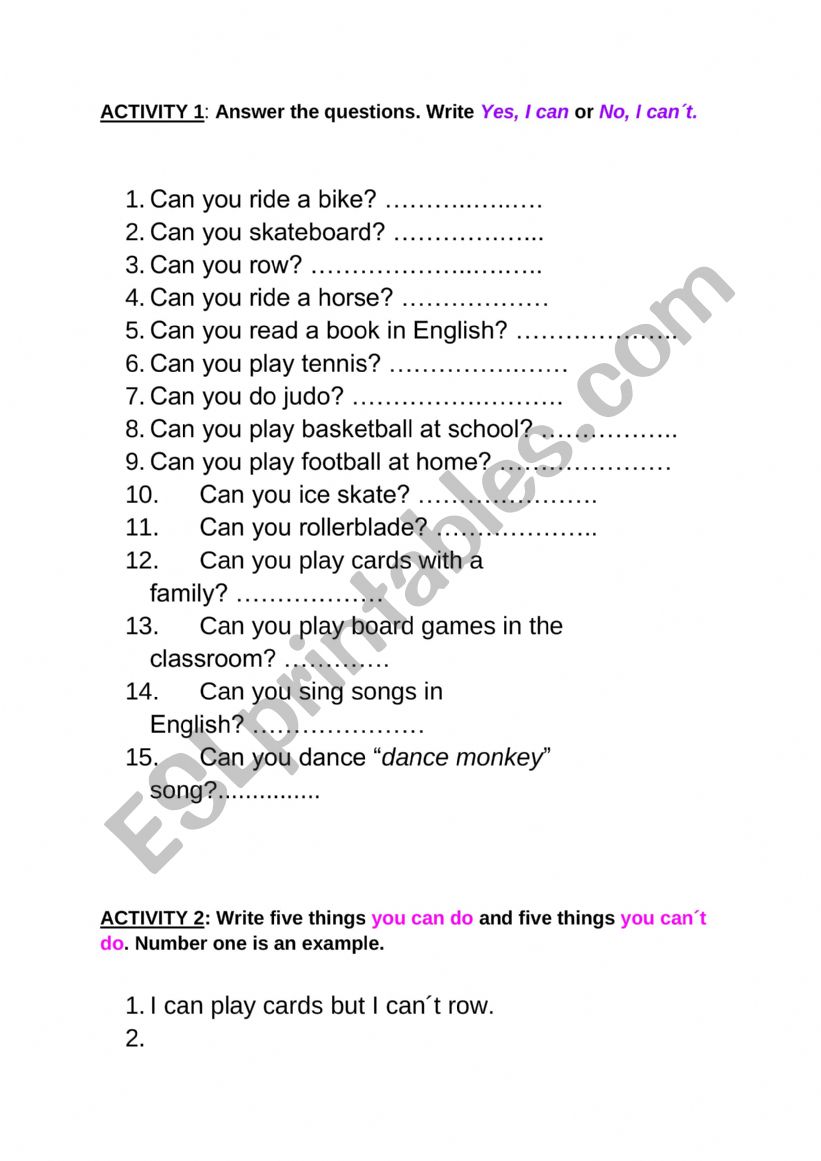 can/canÂ´t questions worksheet
