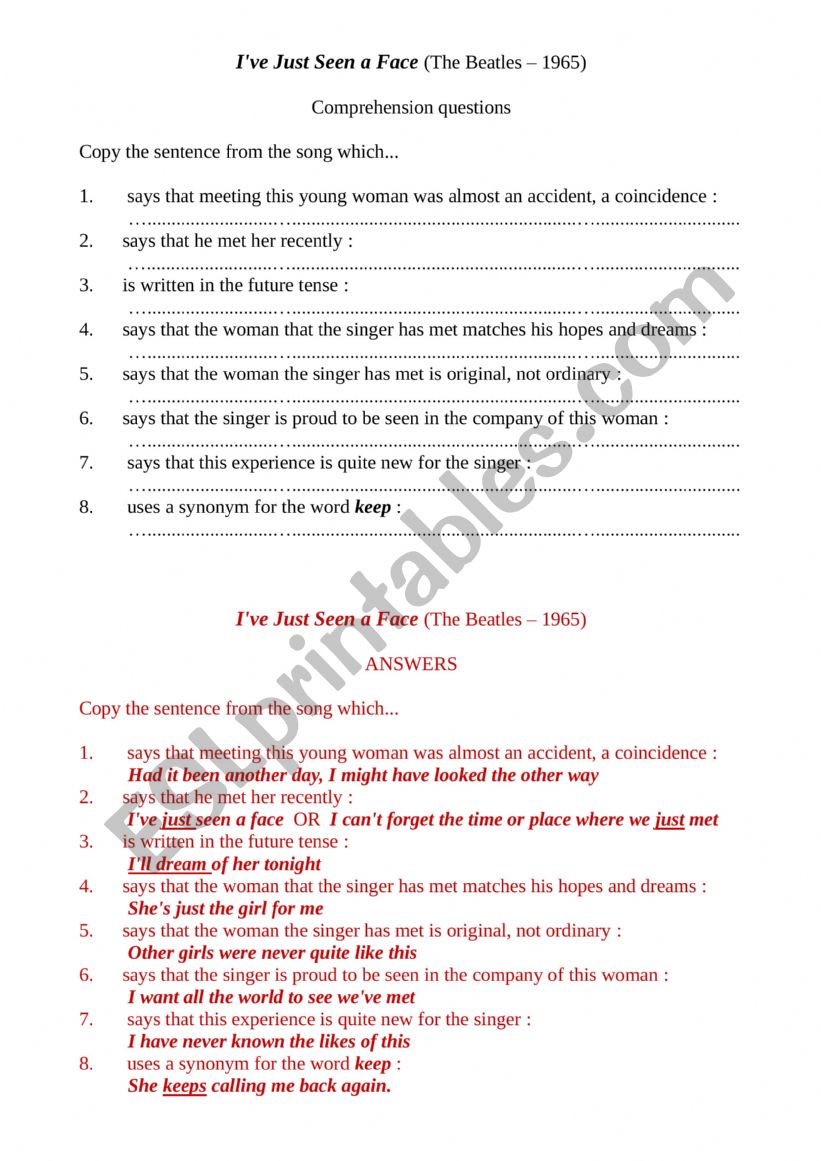 IÃ¯Â¿Â½ve Just Seen a Face (Beatles) : Comprehension questions / find a sentence which...