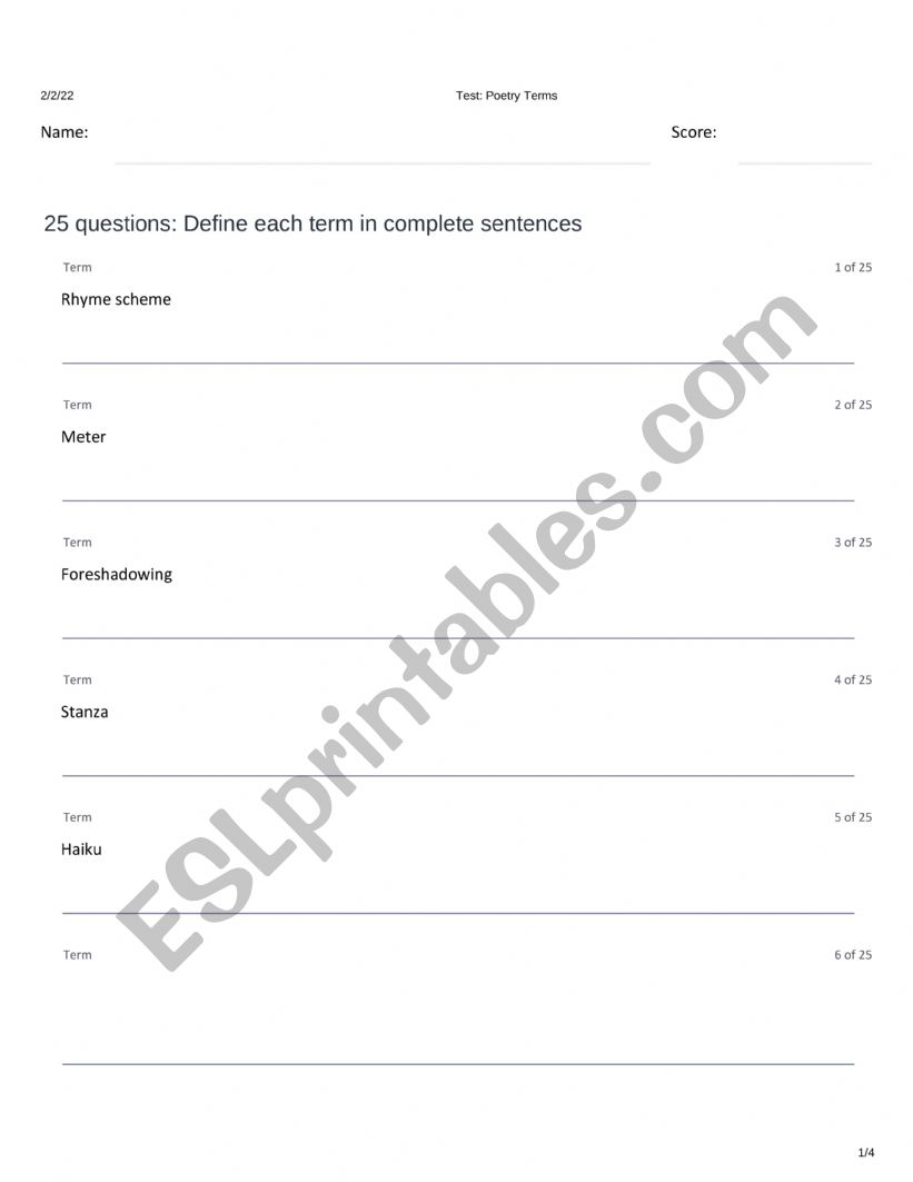 Poetry Test worksheet