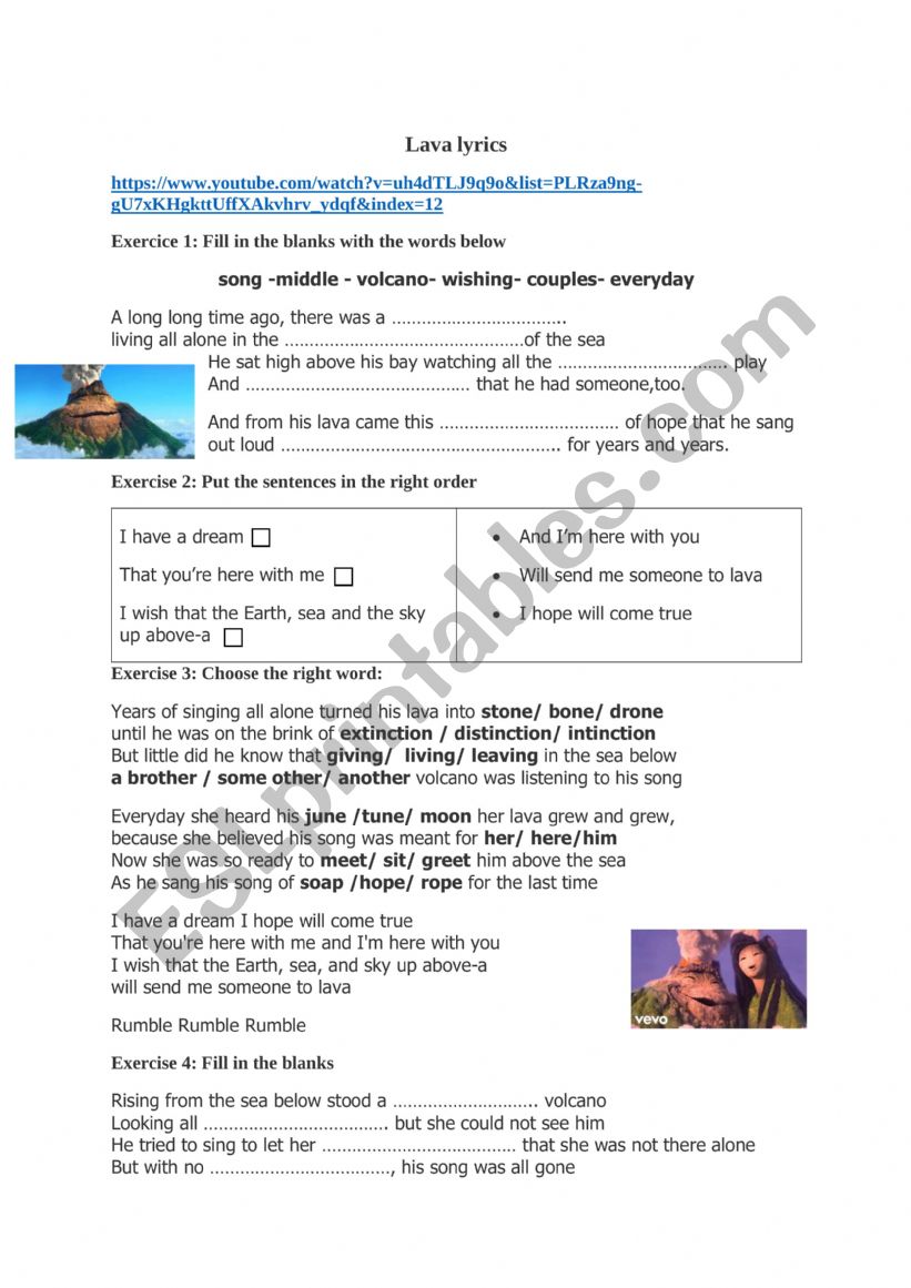 The lava song (disney song) worksheet