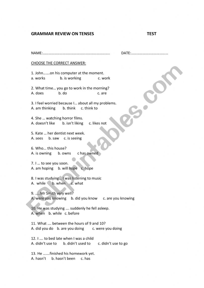 Grammar Review of tenses worksheet