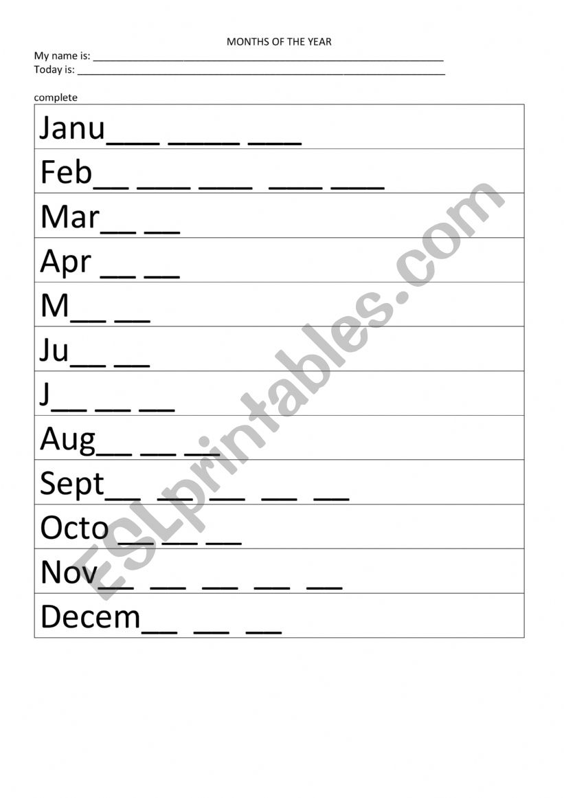 MONTHS OF THE YEAR worksheet