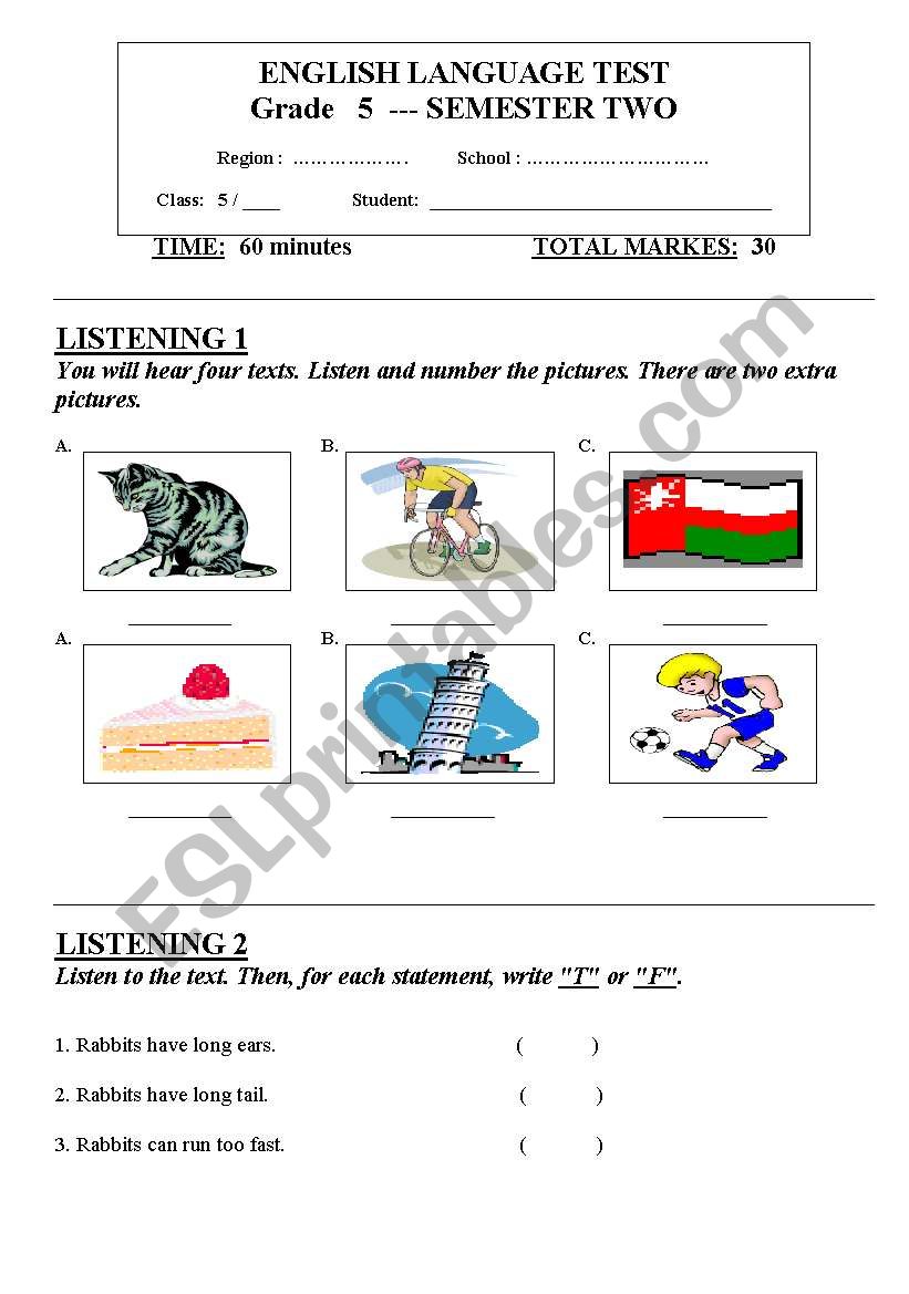 Grade 5 test worksheet