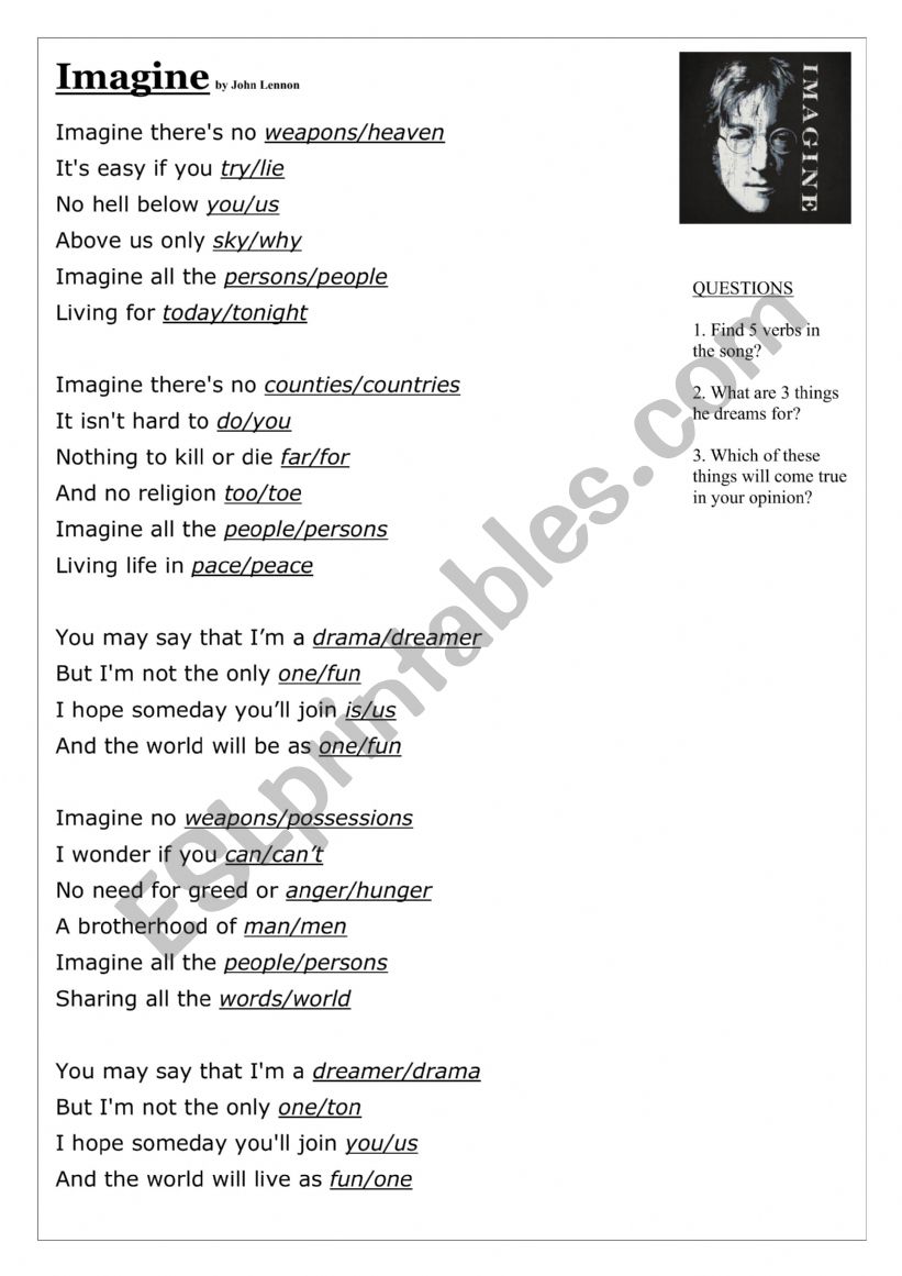 john lennon - imagine worksheet