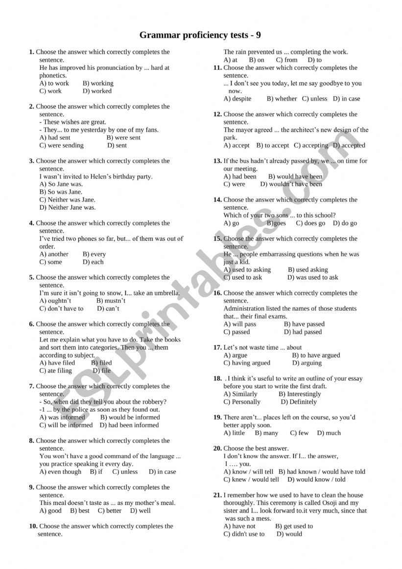 Grammar proficiency tests - 9 worksheet