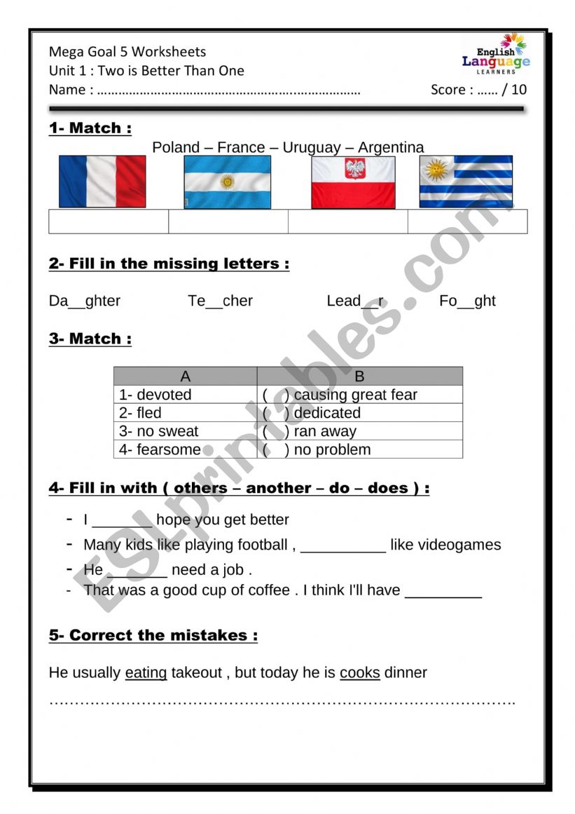 Mega Goal 5 Worksheet  Unit 1 : Two is Better Than One  