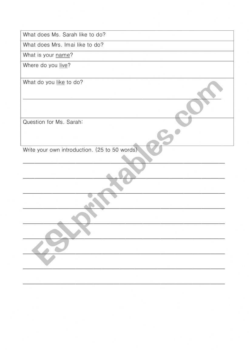 Self Introduction worksheet