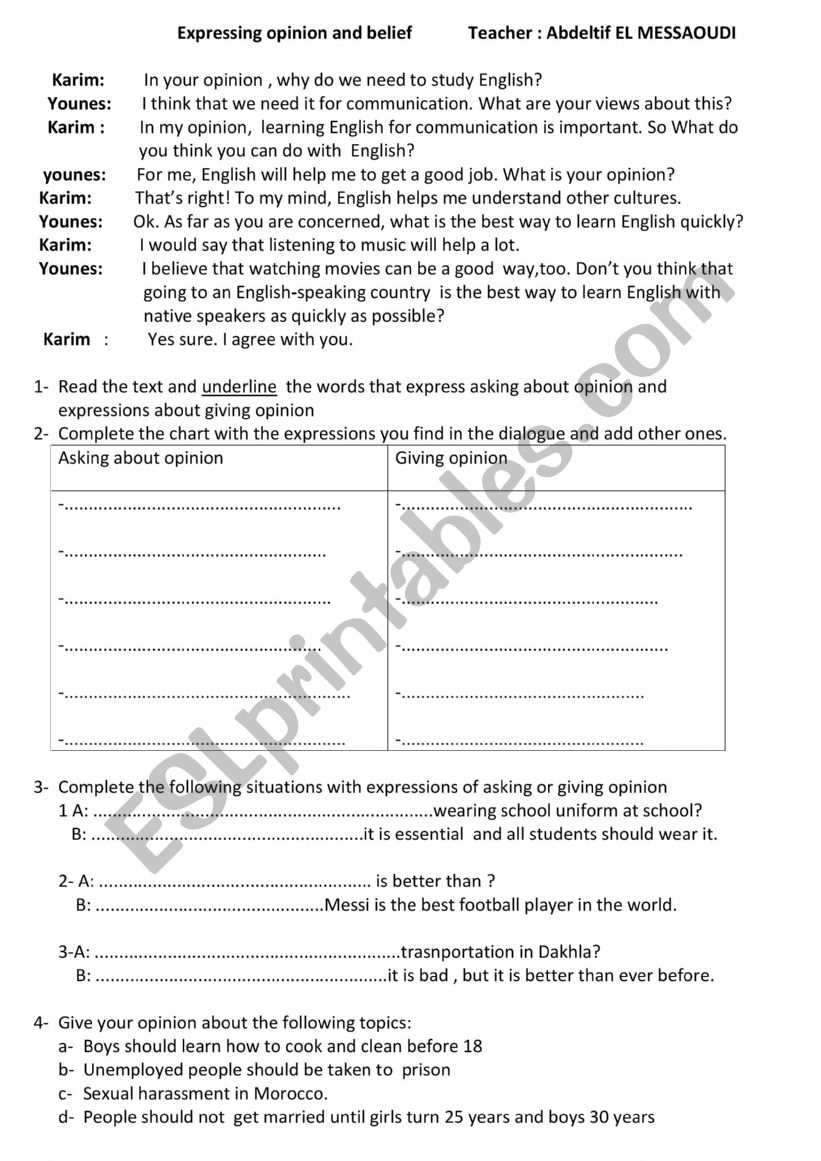 Expressing opinion and belief worksheet
