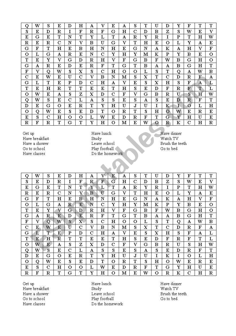 Daily routine wordsearch worksheet