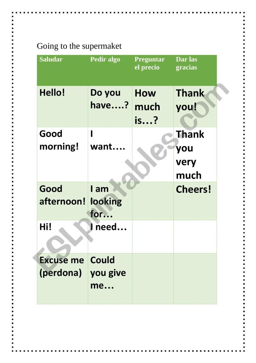 Going to the supermarket worksheet