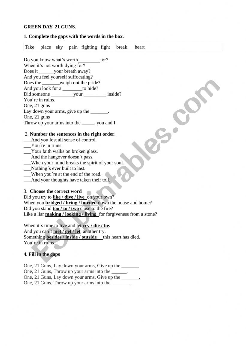 21 guns worksheet