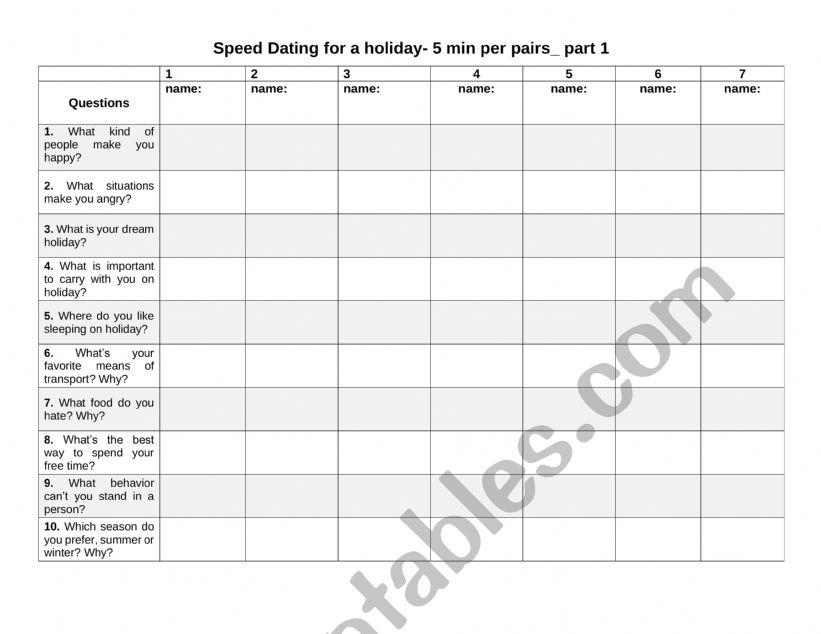 Speed dating for a holiday worksheet