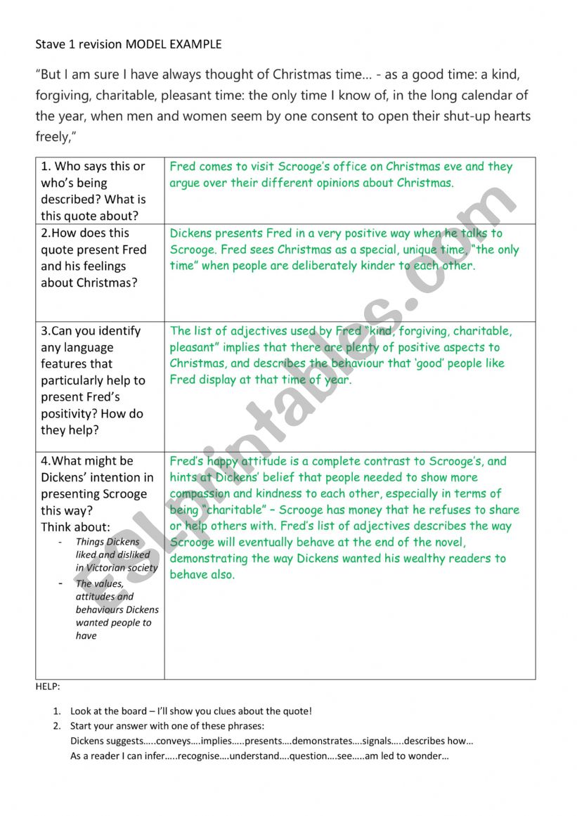 Stave 1 Christmas Carol worksheet