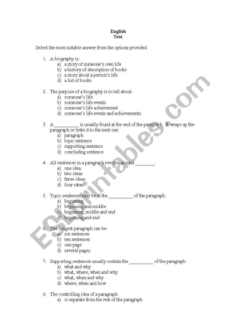 Test on paragraphs worksheet