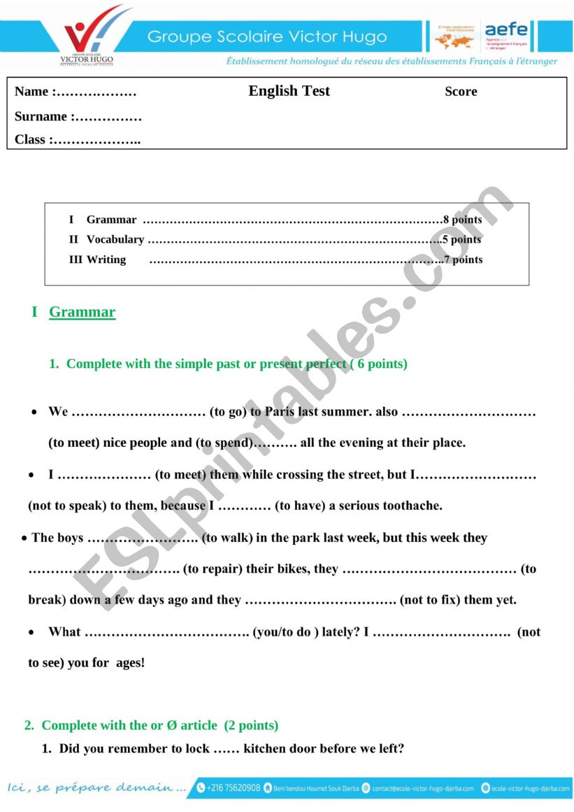 exam worksheet