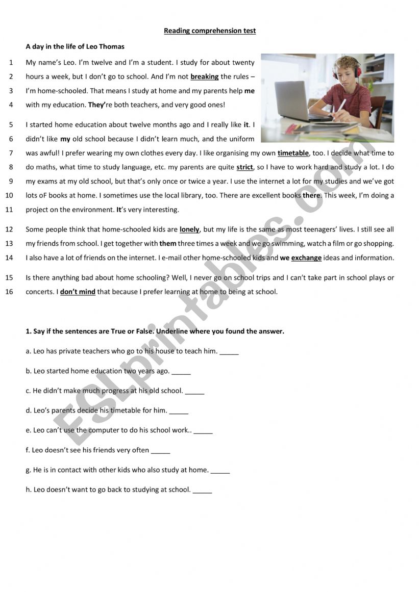 Reading comprehension  worksheet