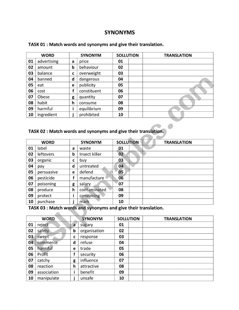 SYNONYMS worksheet