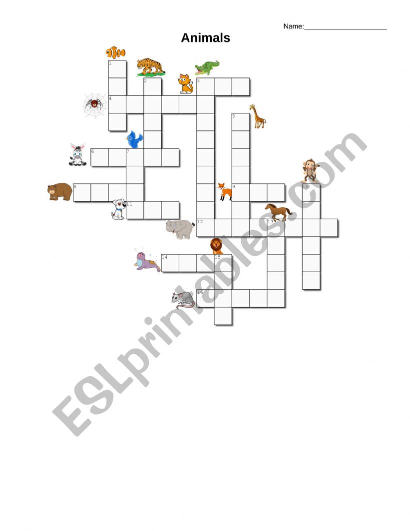 Animals crossword worksheet