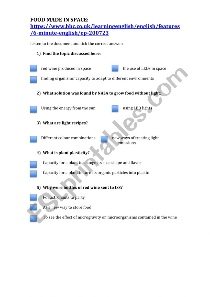 food made in space worksheet