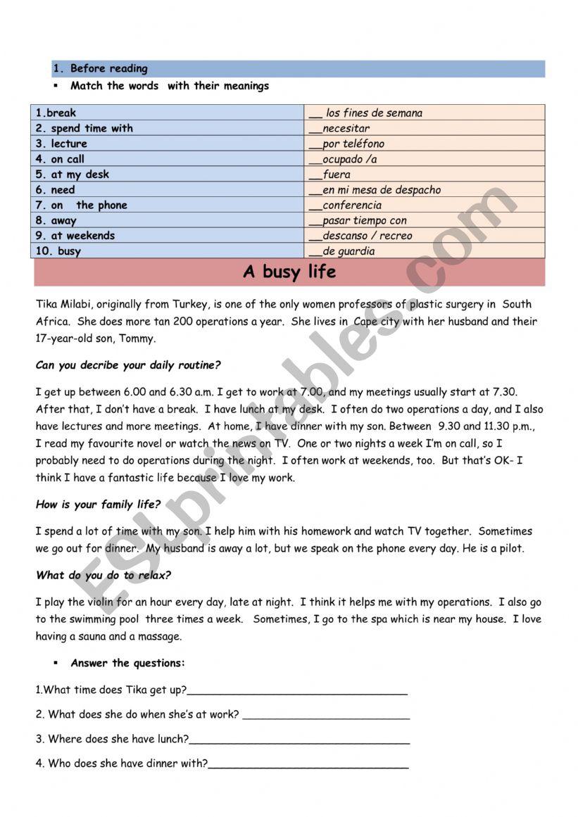 Daily routines reading comprehension : A busy day