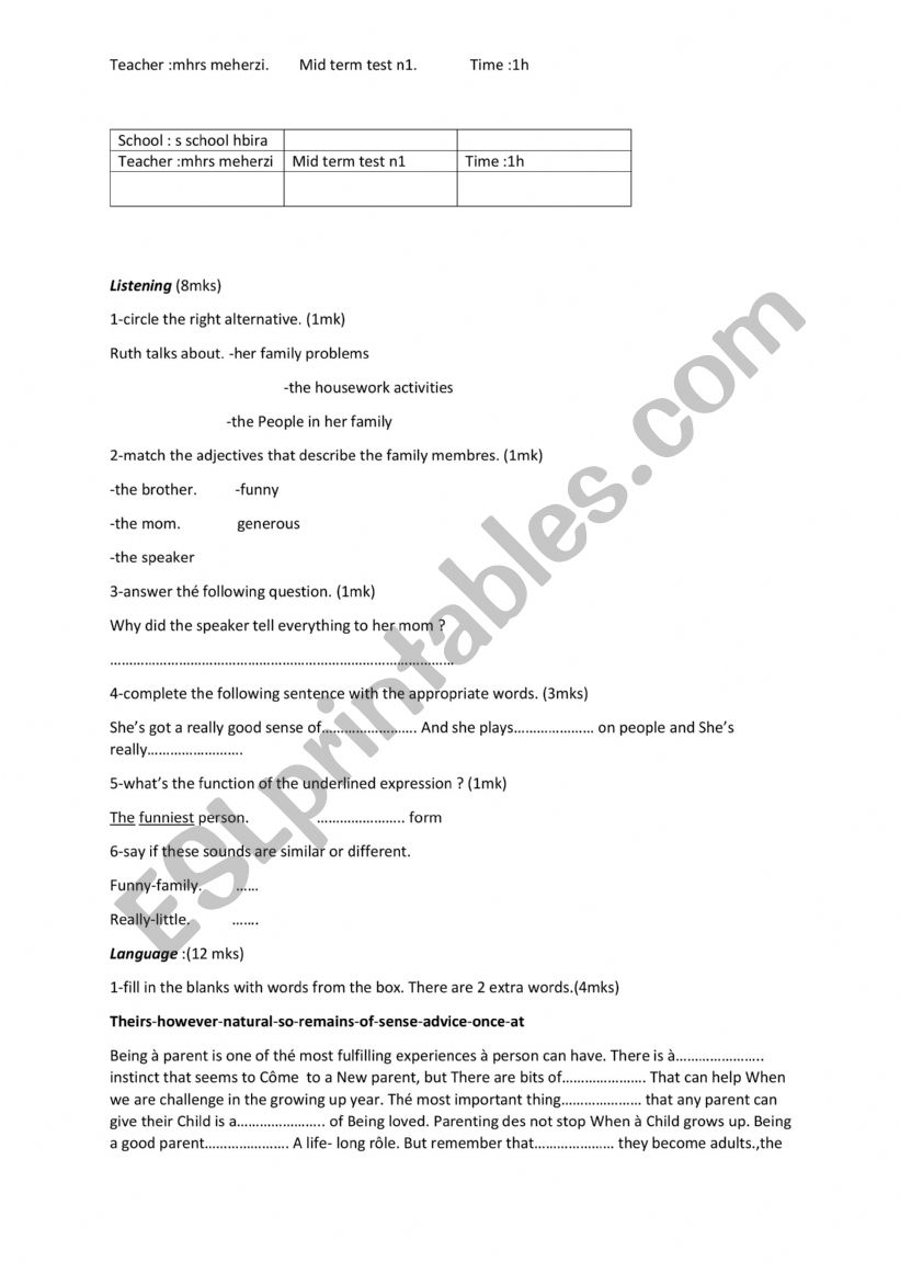 Mid term test n1  worksheet