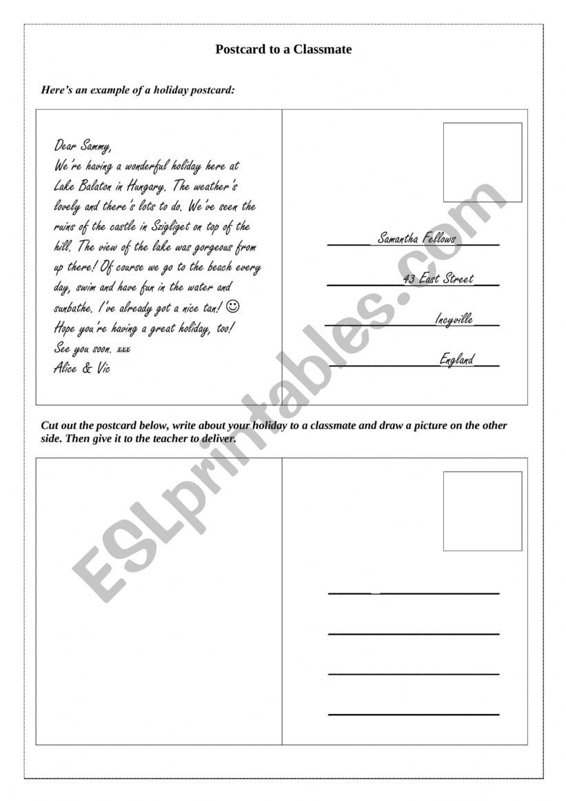 Writing a postcard worksheet