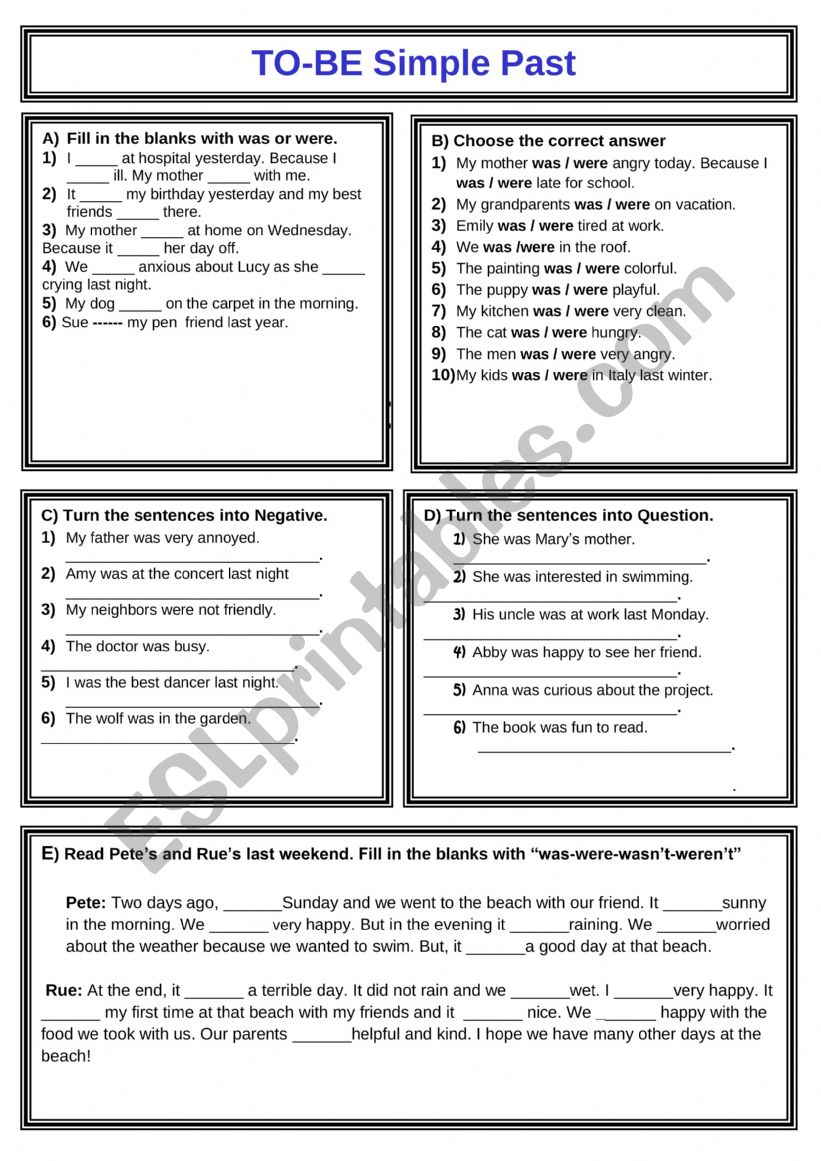 Past tense - to be: was were worksheet