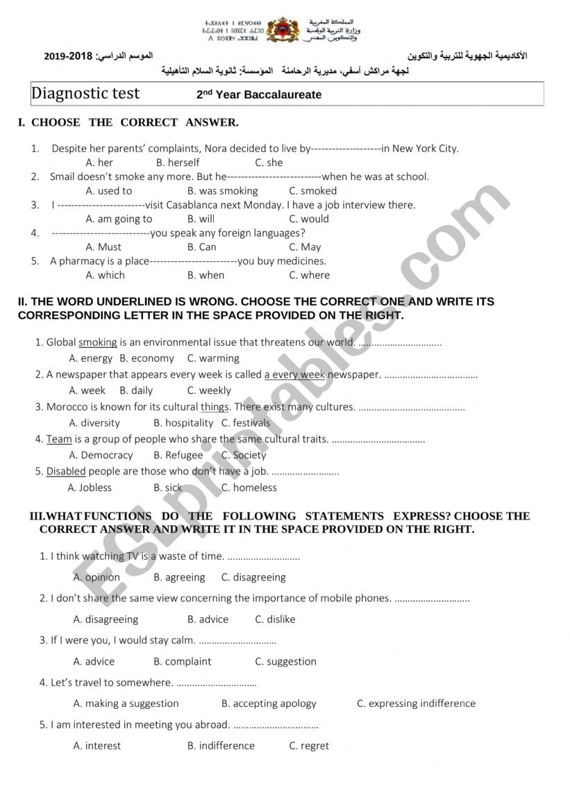 diagnostic test worksheet