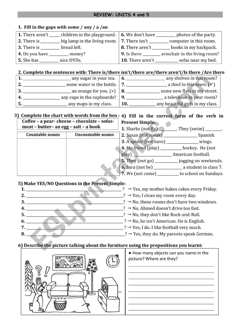 Review Simple Present, some/any and place prepositions