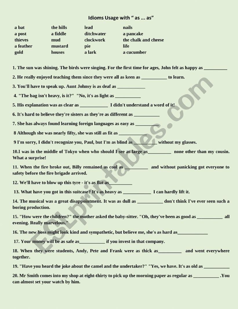 Idioms usage with as as worksheet