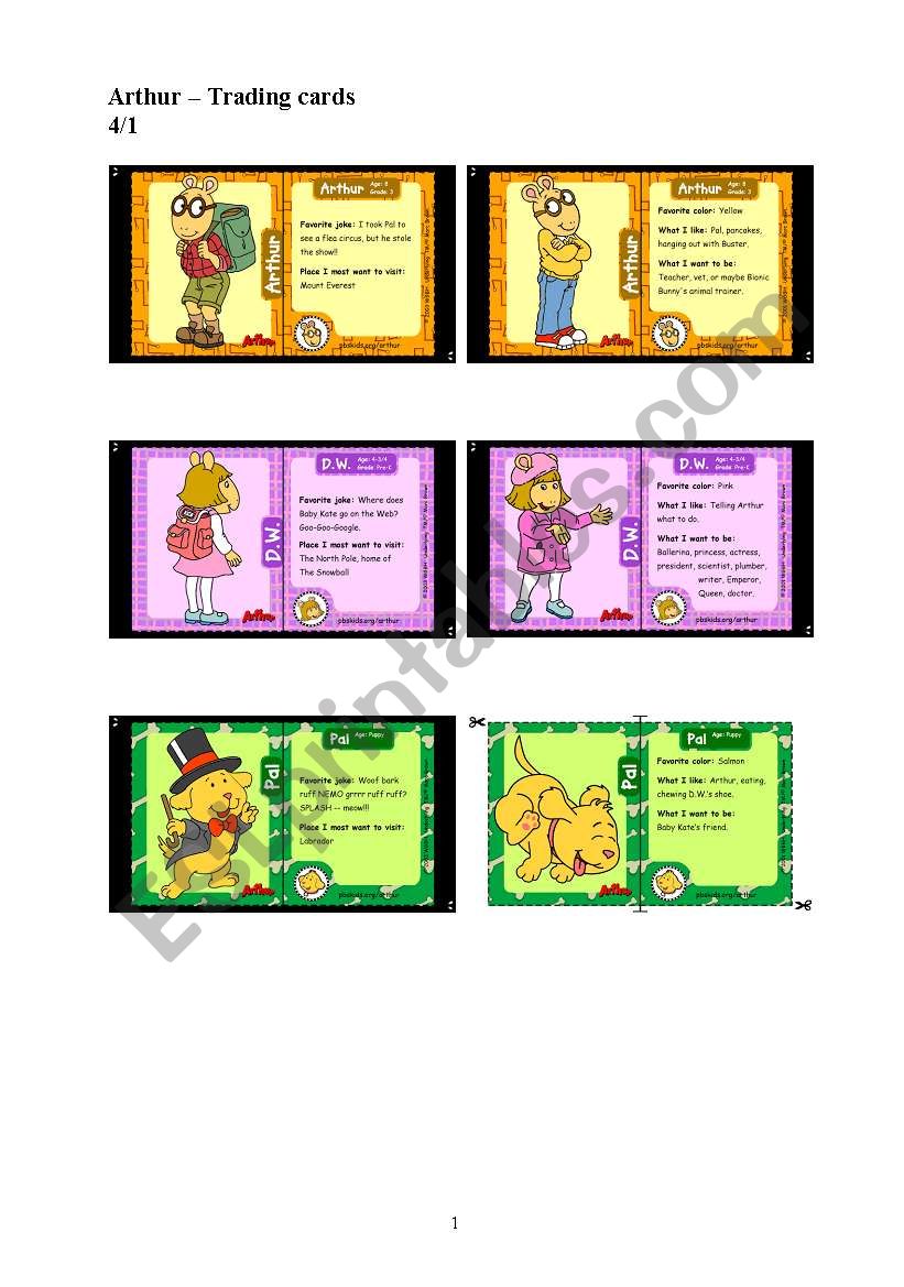Arthur - Trading Cards 1/4 worksheet