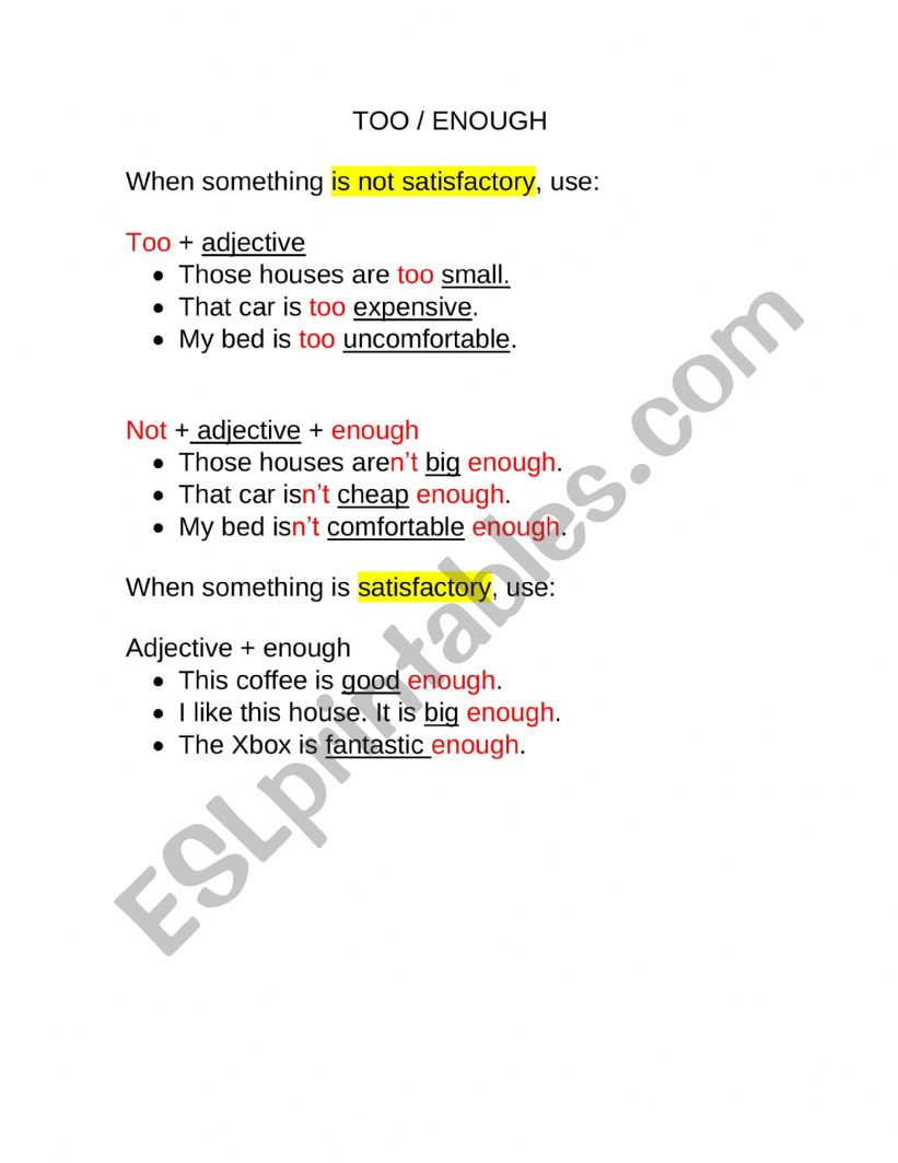 Too / enough worksheet