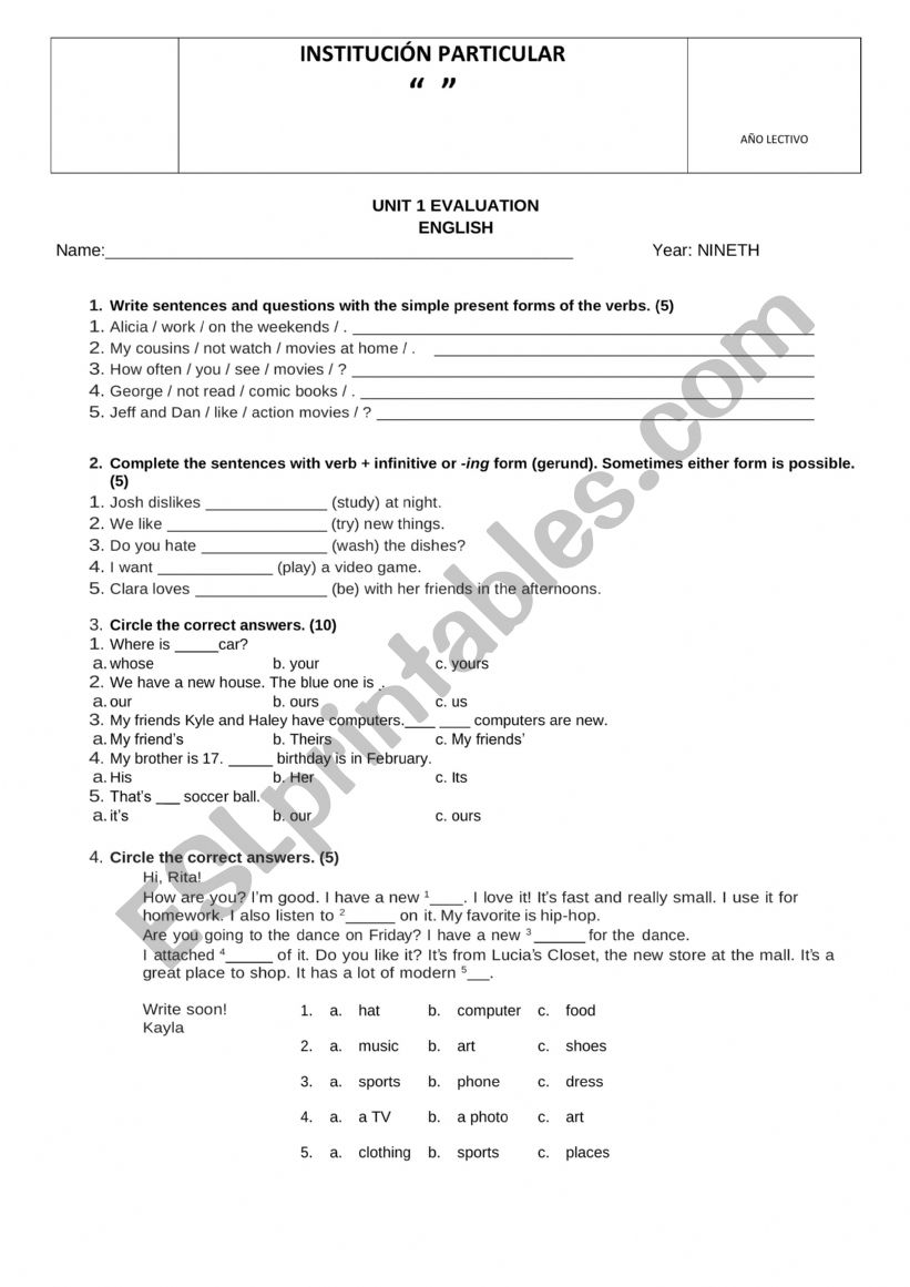 Sample Test worksheet