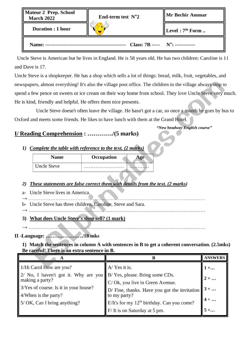 End term test2 7th form worksheet